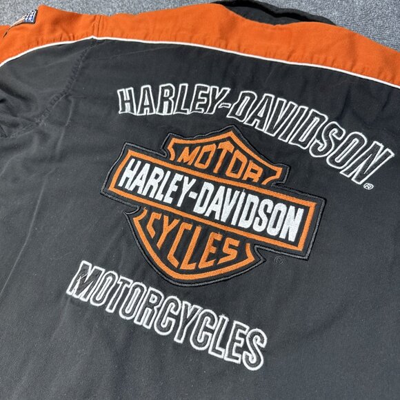 VTG Harley Davidson Mechanic Shirt Men's L Logo Embroidery Patches SS Orange Blk - Picture 2 of 9